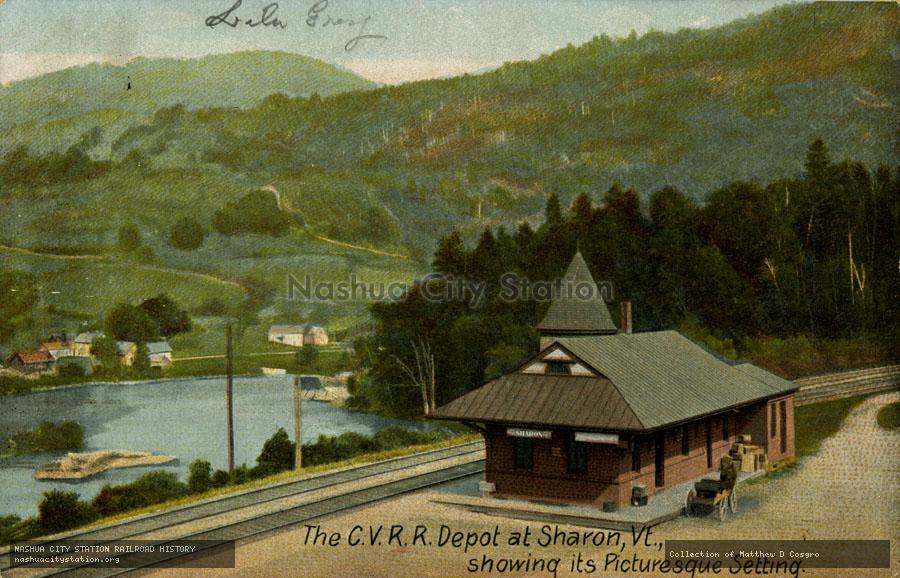 Postcard: The Central Vermont Railroad Depot at Sharon, Vermont, showing its picturesque setting